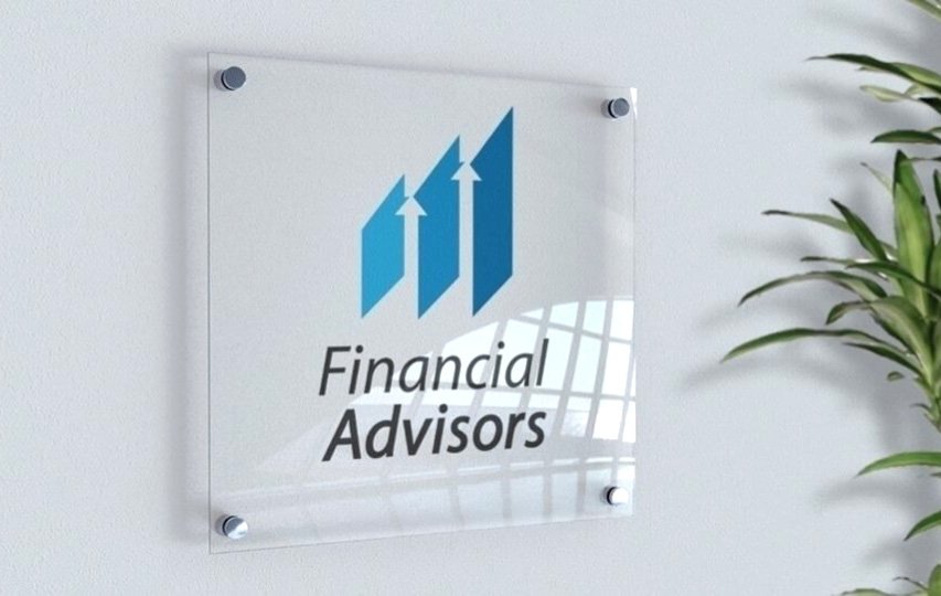 Clear acrylic sign for Financial Advisors with the logo.